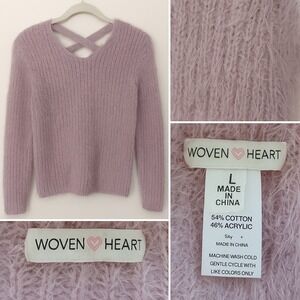 Woven Heart Fuzzy Sweater Sz L Women's Crisscross Back Soft Cozy‎  Lavender